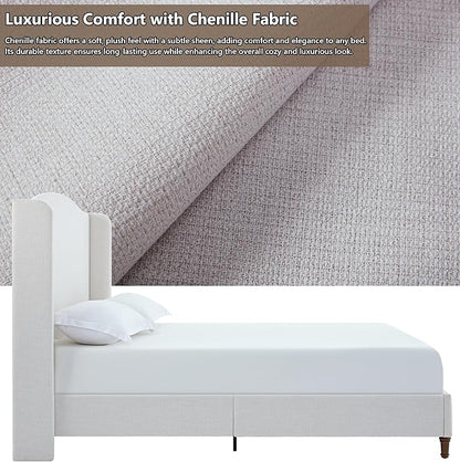 Queen Size Bed Frame with 54" Extra Tall Headboard - Luxury Chenille Upholstered Wingback Platform Bed, 1000lbs Heavy Duty, No Box Spring Needed(Ivory White Chenille Camelback,Queen)