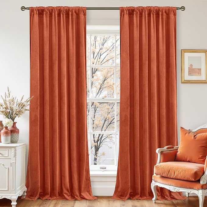 LAMIT Terracotta Velvet Curtains for Living Room, 96 Inch Thermal Insulated Noise Reducing Panels Rustic Vintage Room Darkening Drapes with Back Tab and Rod Pocket, 2 Panels, 52 x 96 Inch