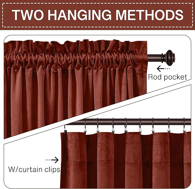 StangH Rust Velvet Curtains 108 inches Long, Light Blocking Energy Saving Window Panels Privacy Room Divider Drapes for Guest/Dining Room/Closet, W52 x L108, 2 Panels