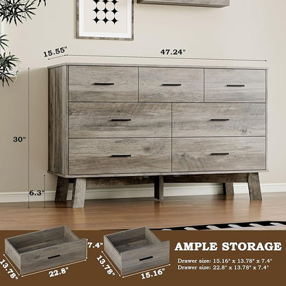 Dresser for Bedroom with 7-Drawer, 47.2" Wide Modern Chest of Drawers with Metal Handles, X-Shape Base & Adjustable Center Leg, Anti-Tip Closet Organizers and Storage