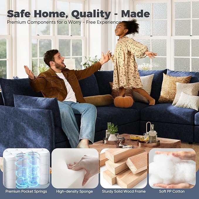 ABCASA 102.6" Luxury Modular Sleeper Sofa Bed 6 Seat Reversible Sectional Couch Deep Seat with Storage Chaises Removable Cover for Living Room, Apartment - Chenille Blue