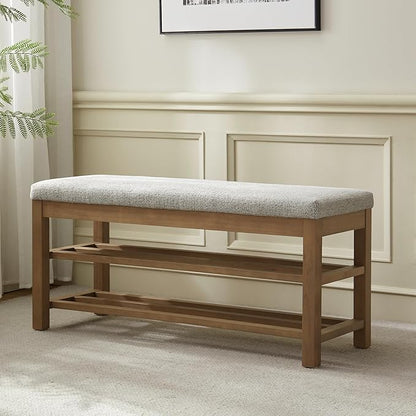 VKNOW Entryway Bench, 44.3” Upholstered Shoe Bench for Bedroom, 2-Tier Storage End of Bed Bench with Rubberwood Legs for Living Room, Hallway, Beige