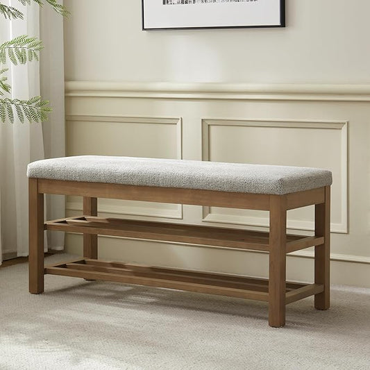 VKNOW Entryway Bench, 44.3” Upholstered Shoe Bench for Bedroom, 2-Tier Storage End of Bed Bench with Rubberwood Legs for Living Room, Hallway, Beige