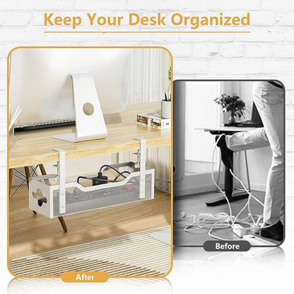 Under Desk Cable Management Tray 13.38", Quszmd Cable Organizer No Drill, Standing Cord Organizer and Wire Management Tray - No Damage to Desk, White