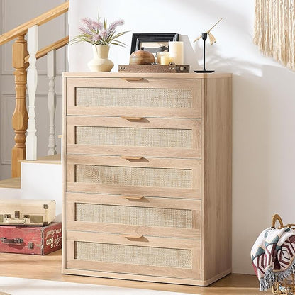 LEYAOYAO Rattan Dresser and Nightstand Sets 3, Boho Wood Dresser for Bedroom with 6 Drawers and Night Stand with 3 Drawer, Bedroom Furniture, Dressers & Chests of Drawers, Living Room, Hallway