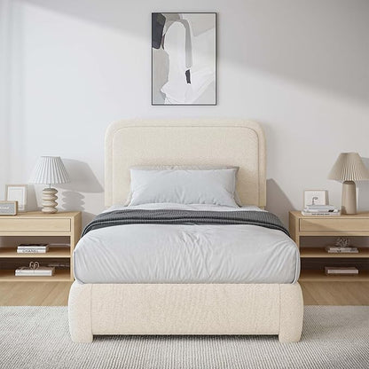 BarnFurin Twin Size Bed Frame,Cloud Boucle Upholstered Platform Bed Frame with Headboard, Modern Style, Soft Rounded Corners, No Box Spring Required, Easy Assembly, Cream