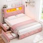 Queen Upholstered LED Bed Frame with 2 Storage Drawers and 2-Tier Storage Headboard,Velvet Princess Platform Bed with Charging Station & Bookcase,Heavy Duty Metal Support,No Box Spring Needed,Pink