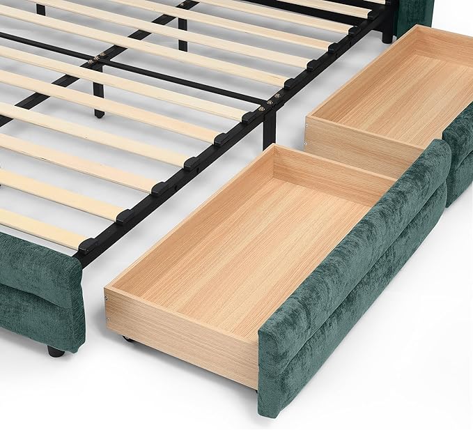DEINPPA King Size Bed Frame with 4 Storage Drawers and Cloud Soft Headboard, Chenille Upholstered Grounded Wood Base Bed Frame, No Box Spring Needed-Blue+Green
