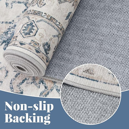 jinchan Lima Round Rug 8ft Vintage Machine Washable Area Rug Indoor Circle 8' Ultra-Thin Non-Slip Floral Print Carpet for Farmhouse Entryway Dining Room Living Room Bedroom Office (8'Round, Blue)