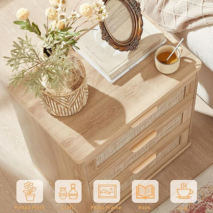 LEYAOYAO Rattan Night Stand Set of 2 with Drawers, 23" Large 3 Drawer Boho Nightstand, Natural Wood Bedside Table Storage Cabinet, Bed Side End Tables Dresser for Bedroom, Living Room, Hallway, Closet