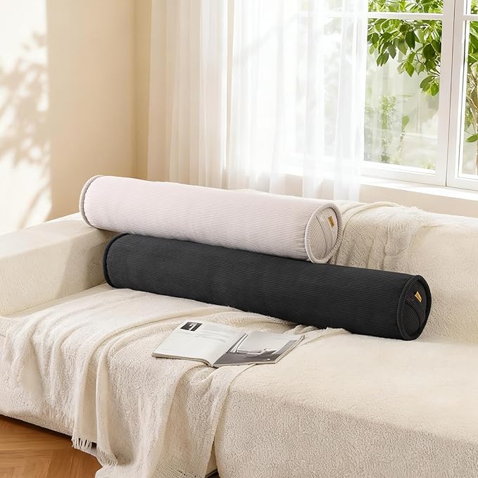 Long Pillow for Bed – Corduroy Round Bolster Pillow for Adults, Decorative Body Pillow for Sleeping or Sofa Support,39 x 7.87 Inches,Beige Gray