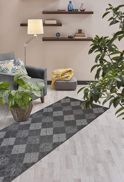 Custom Length Hallway Runner Rug,Slip Resistant,Squares Anthracite, 26 Inch X 2 feet, Doormat, Sold and Priced Per Foot