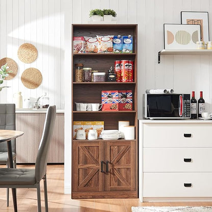 RWYHG 70in Tall Bookshelf 6 Tier Bookcase with Barn Doors and Adjustable Shelf, Brown Farmhouse Book Shelves with Storage Cabinet,Wood Floor Standing Display Bookshelve for Bedroom,Living Room,Kitchen