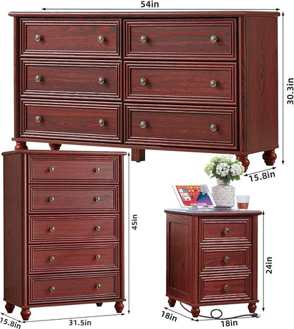 Farmhouse Dressers & Night Stand Set of 4, Wood 54" Wide Dresser & 45" Tall Chest of Drawers, 18" with Charging Station Nightstand Set of 2, Bedroom Furniture Dresser Set for Home Living Room Hallway