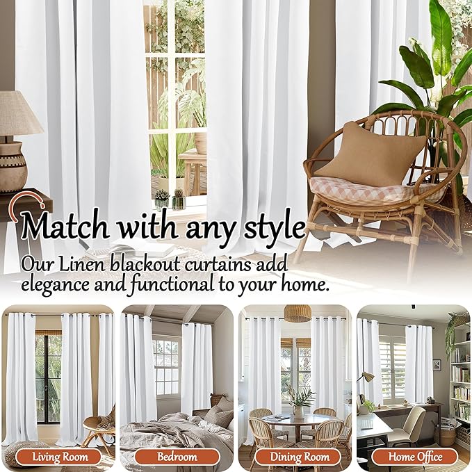 Short Blackout Curtains 54 Inch Length 2 Panels, Thermal Insulated Total Light Blocking Linen Window Curtains for Bedroom Basement Farmhouse Privacy Noise Reducing, Grommet, White, Each 52" Wide