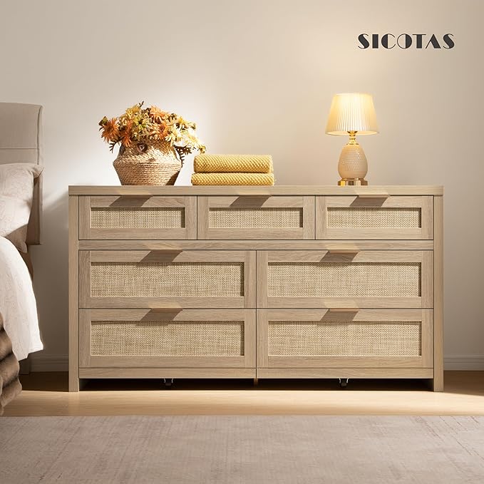 SICOTAS 7 Drawer Dresser for Bedroom, 57" Wide Rattan Dressers, Large Chest of Drawers for Bedroom, Dresser TV Stand, Boho Closet Organizer (Reclaimed Light Oak, 7 Drawers (1 pc))
