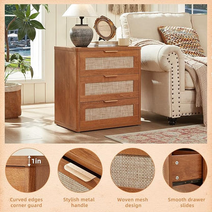 LEYAOYAO Rattan Night Stand with Drawers, 23" Large 3 Drawer Boho Nightstand, Natural Wood Bedside Table Storage Cabinet, Bed Side End Tables Dresser for Bedroom, Living Room, Hallway, Closet
