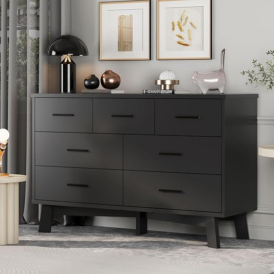 Dresser for Bedroom with 7 Drawer, Wood Modern Chest of Drawers with X-Shaped Sturdy Base, Wide Double Dresser Closet Clothes Storage Organizer, Wooden TV Stand for Living Room, Hallway, Black