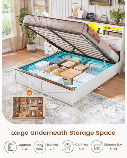 AOGLLATI Farmhouse Full Size Bed Frame with Lift Up Storage & Hidden Bookcase Storage Headbord, Wood Bed Frame Full with Charging Station, Led Lights, No Box Spring Needed, Antique White