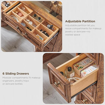 T4TREAM Makeup Vanity Desk with 48" HD Lighted Mirror, Farmhouse Vanity Desk with 8 Drawers, Vanity Table with 3 Color Modes, Dressing Table with Glass Top and Power for Bedroom(Reclaimed Barnwood)