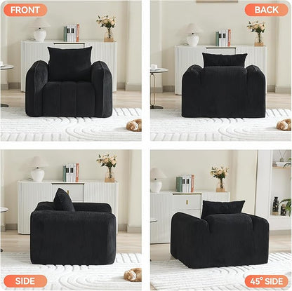 Oversized Boneless Accent Chair, Comfy Deep Seat Armchair for Bedroom, Modern Upholstered Living Room Sofa Chair with Pillow, No Assembly, Corduroy Black