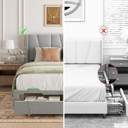 Queen Bed Frame with Storage Drawers, Upholstered Queen Size Platform Bed with 47" Tall Headboard and Wingboard, No Box Spring Needed, Noise Free, Easy Assembly, Wooden Support Slats, Light Grey