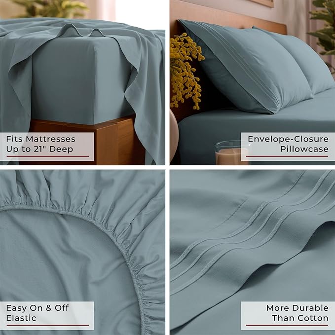 Mellanni Full Sheet Set - 6-Piece Iconic Collection Bedding, (Including 4 Pillowcases), 21-Inch Extra Deep Pocket, Easy Care, Ultra Soft, Cooling Sheets, Brushed Microfiber - Spa Blue