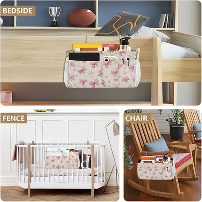 Bedside Caddy Hanging Bunk Bed Caddy Bed Organizer Hanging Pocket with 2 Hooks Bedside Storage Organizer Pocket Bag Holder Pink Cute Bow
