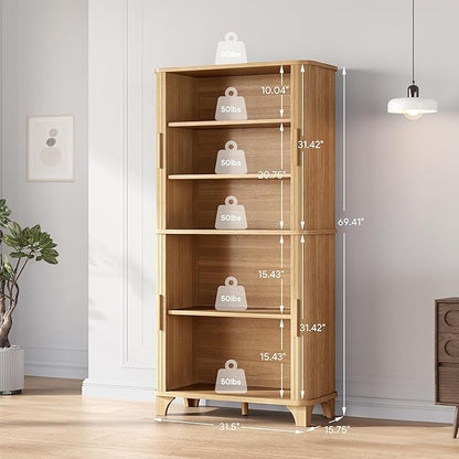 69" Tall Kitchen Pantry Storage Cabinet with Sliding Door, Modern Curved Edge Pantry Storage Cabinet with 5 Shelves, Cupboard for The Kitchen, Dining Room, Bedroom, Living Room, Office (Oak)