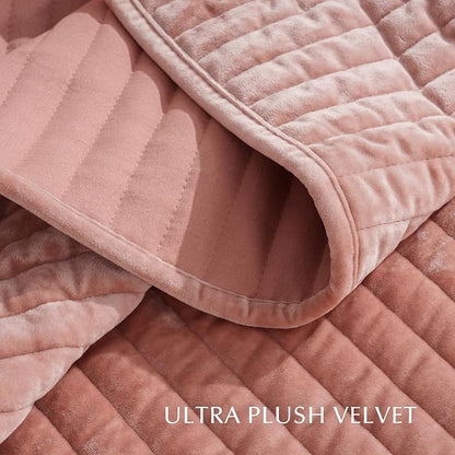 EVERGRACE Velvet Quilt Set Queen Size, Luxurious Soft Striped Channel Bedding Set, Lightweight Velvet Comforter for All Season, Oversized Bedspread Coverlet with 2 Matching Shams, Pink Clay