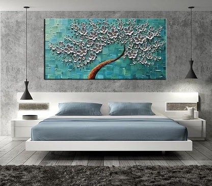 YaSheng Art- 3D Flowers Artwork Oil Painting On Canvas 100% Hand Painted Texture Silver Flowers Paintings Modern Canvas Wall Art Home Bedroom Living Room Office Wall Decor 24x48inch