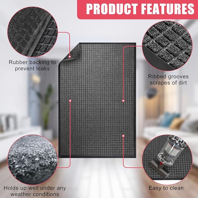 Kuyal Front Door Mat, 2'*6' Door Mat for Inside Outside Entrance,Waterproof Welcome Mats with Non-Slip Backing, Indoor Outdoor Entryway, Commercial Floor Mats, Durable & Easy to Clean, Dark Gray