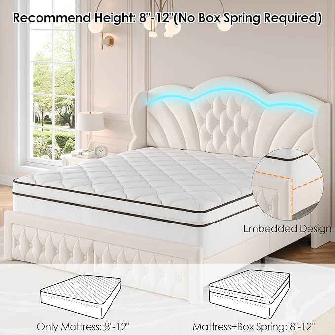 Keyluv King Bed Frame with LED Lights and 2 Storage Drawers, Velvet Upholstered Platform with 47" Tall Arc-Shaped Wingback Headboard and Button Tufted Design, No Box Spring Needed, Noise-Free, Beige