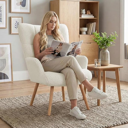 Joysoul Modern Accent Chair, High Back Arm Chair with Wood Legs Sofa Seat Teddy Fleece Fabric Reading Chair for Living Room Bedroom Waiting Room (White)