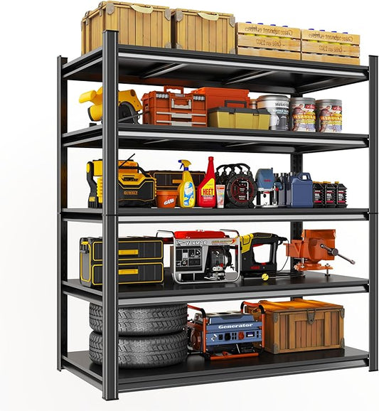Metal Garage Shelving Unit, Heavy Duty 5-Tier Adjustable Storage Rack, Steel Shelving, 3020 lbs Capacity, Industrial Shelves for Heavy Tools and Equipment, Ideal for Garage, Basement, Black, 72"