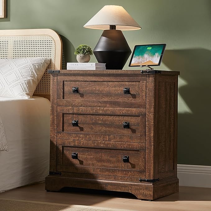 T4TREAM 32" Farmhouse Nightstand with Charging Station, Large End Table with 3 Storage Drawers, Rustic Wood Bedside Table for Bedroom, Living Room, Reclaimed Barnwood Color