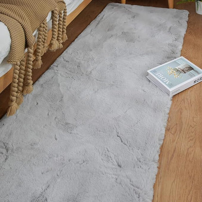 Fuzzy Grey Fluffy Washable Runner Rugs for Hallway 2x10 Plush Faux Rabbit Furry Fur Rugs for Bedroom Living Room Home Décor