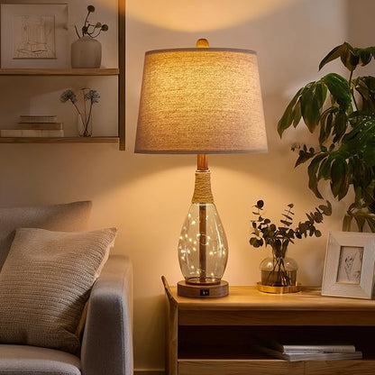 OYEARS Wood-Like Bedside Table Lamps Set of 2 with USB, Farmhouse Nightstand Lamps for Bedroom, Retro Rattan Table Lamps for Night Stands, Living Room, Boho Table Lamp with Glass Nightlight