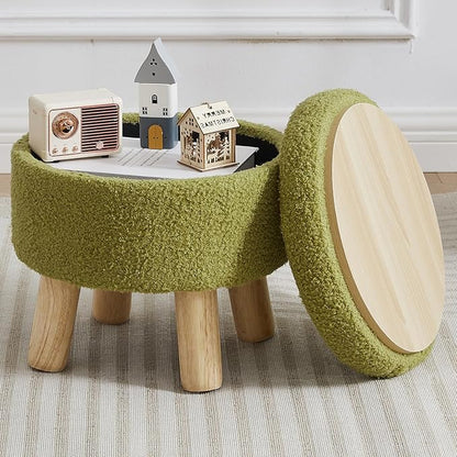 FIMIVIBI Small Foot Stool Ottoman with Storage, Sherpa Ottoman Foot Rest for Couch, Round Footstool with Storage, Small Ottomans and Footstools for Living Room and Entryway (Bright Green)