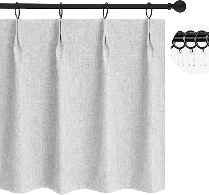 WdFour 24x30 Inch Pinch Pleated Blackout Cafe Curtains - Pack of 2, 100% Light Blocking Back Tab Drapes for Half Windows, Kitchen & Bathroom Short Curtains (Greyish White)