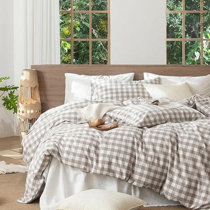 MooMee Gingham Duvet Cover Set 100% Washed Cotton Linen Like Textured Breathable Durable Soft Comfy Modern Checkered Design (Buffalo Plaid Tannish Linen Grey, Palatial King/Oversized King 120"x98")
