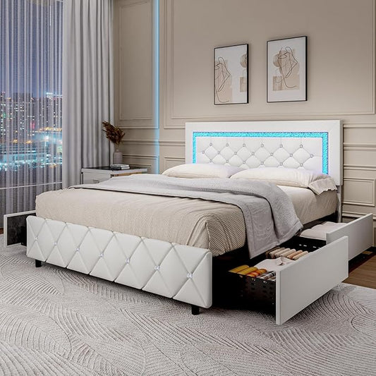 BarnFurin Full Size Bed Frame with LED Lights, Upholstered Bed Frame with Storage Drawers, Modern Platform Bed with Diamond Headboard and Footboard, No Box Spring Needed, White