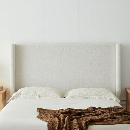 Full Size Upholstered Platform Bed Frame, 52.5" Tall Headboard Hosford Wingback Bedframes, Wood Base Floor Beds, No Box Spring Needed, No Noise, Minimalist, Cream White Boucle