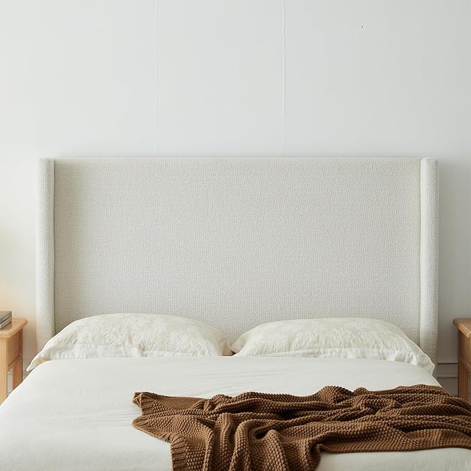 Queen Size Upholstered Bed Frame, 53" Tall Headboard Hosford Wingback Bed Frames, Wood Base Floor Platform Beds, No Box Spring Needed No Noise, Rusticity Minimalist, Cream White Boucle