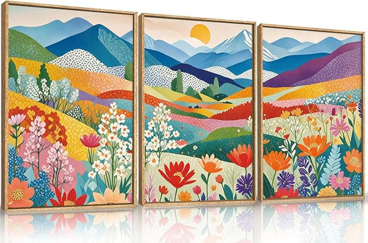 LHIUEM Large Abstract Mountain Flower Framed Canvas Wall Art,Colorful Watercolor Boho Wall Decor,Nature Floral Tree Wall Painting,Bohemian Artwork for Living Room,Bedroom,Dining Room,Office -16"x24"x3