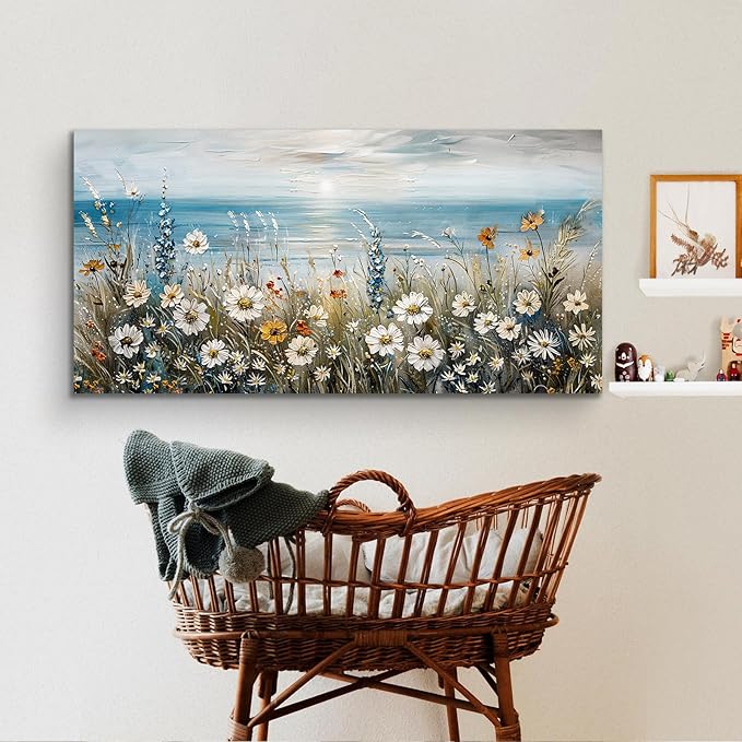 SERIMINO Coastal Landscape Wall Art Prints, Beach Daisy Large Canvas Prints, Wildflowers Paintings Modern Farmhouse Decor, Floral Pictures Wall Decor Living Room Dining Room Kitchen 20"X40"