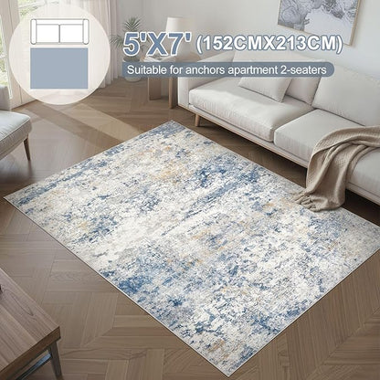 Area Rug Living Room Rugs - 5x7 Abstract Large Soft Indoor Washable Rug Neutral Modern Low Pile Carpet for Bedroom Dining Room Farmhouse Home Office - Blue
