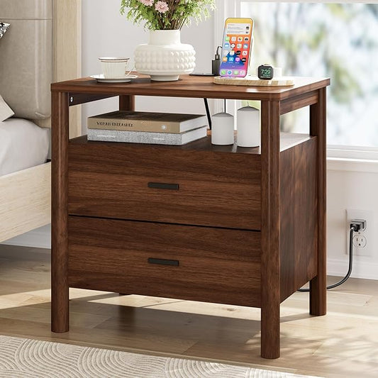 FavourLife Night Stand, 23" Wide Nightstand, Modern Nightstand with Charging Station, 2 Drawer Wooden End Table with Solid Round Post Legs & Open Shelf, Bedside Table w/Storage for Bedroom, Walnut