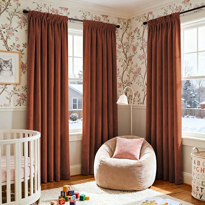 Lazzzy Velvet Blackout Curtains Thermal Insulated Room Window Drapes Super Soft Luxury Curtains for Living Room Bedroom Rod Pocket 2 Panels, Burnt Orange, 52" W x 84" L