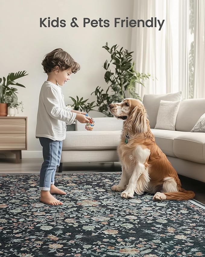 AMADA HOMEFURNISHING 5x7 Area Rugs, Washable Low-Profile Large Living Room Rug with Non-Slip Backing & Durable Edge Binding, Soft Vintage Rug for Bedroom, Dinning Room